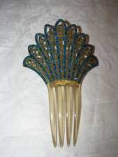 VTG Large Ornate Peacock Blue  Green Crystals Fan Hair Comb Unbranded