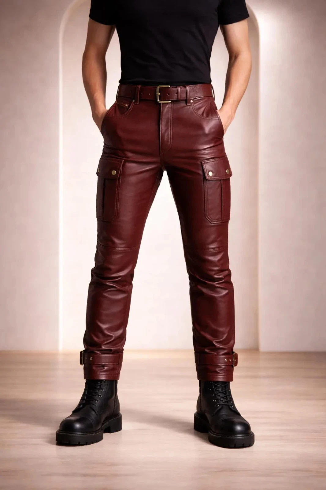 Men’s Handmade burgundy Leather Cargo Pants, Cowhide Motorbike Style Pants