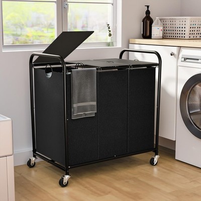 180L (47.55 Gal) Laundry Sorter 3 Section, Rolling Laundry Basket with Lockab...