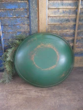 Early  Antique Wood Dough Bowl w Wide Rim Green Milk Paint 12-1/2"