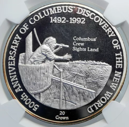 1991 TURKS AND CAICOS Columbus EXPLORATION OLD Silver 20 Crown Coin NGC i89097