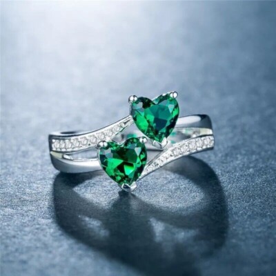 Heart Cut Simulated Green Emerald 2 Stone Engagement Ring 14k White Gold Plated