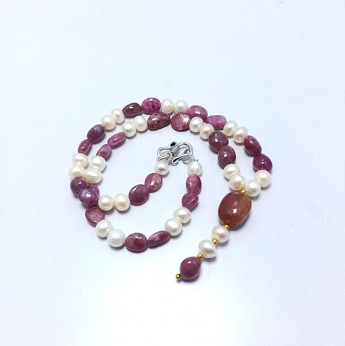 Natural Ruby Fresh Water Pearl 218 Carat Quality 925 Silver 20'' Strand Necklace - Picture 4 of 6