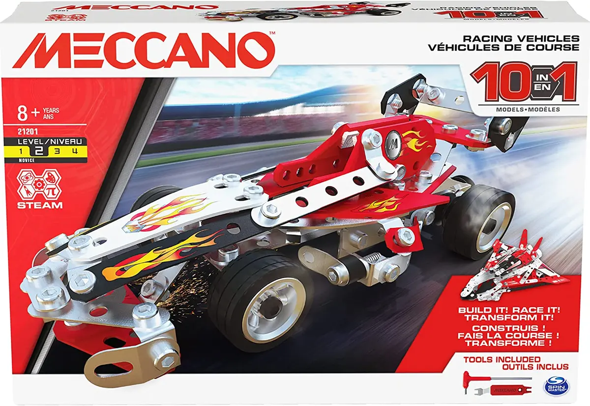 Meccano 10-in-1 Racing Vehicles STEM Model Building Kit with 225 Parts and  Real