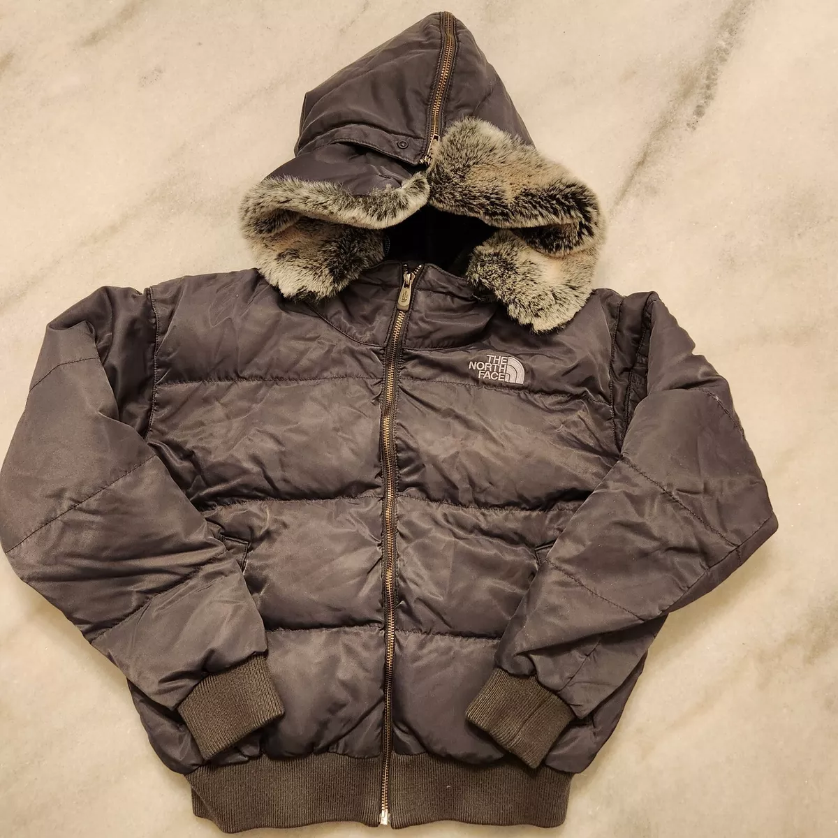 Vintage The North Face Womens 550 Black Down Jacket Hooded Faux Fur Size XS