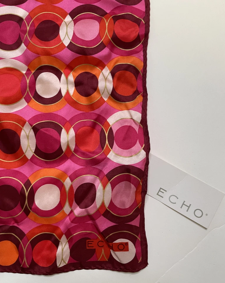Echo Pinks Red Orange Geometric Circles Silk Scarf NWT Rectangle 11" x 54" - Image 4 of 4