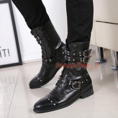 Men Punk Rock Studded Pointy Toe Ankle Boot Zip Lace Up Buckle