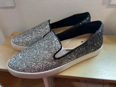 Birdies The Swift Silver Black Sparkle Ombre Glitter Slip Ons Size 7