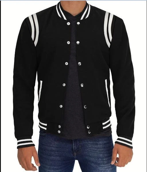 Varsity Bomber Letterman Retro Black Wool Body White Strip Jacket for Men
