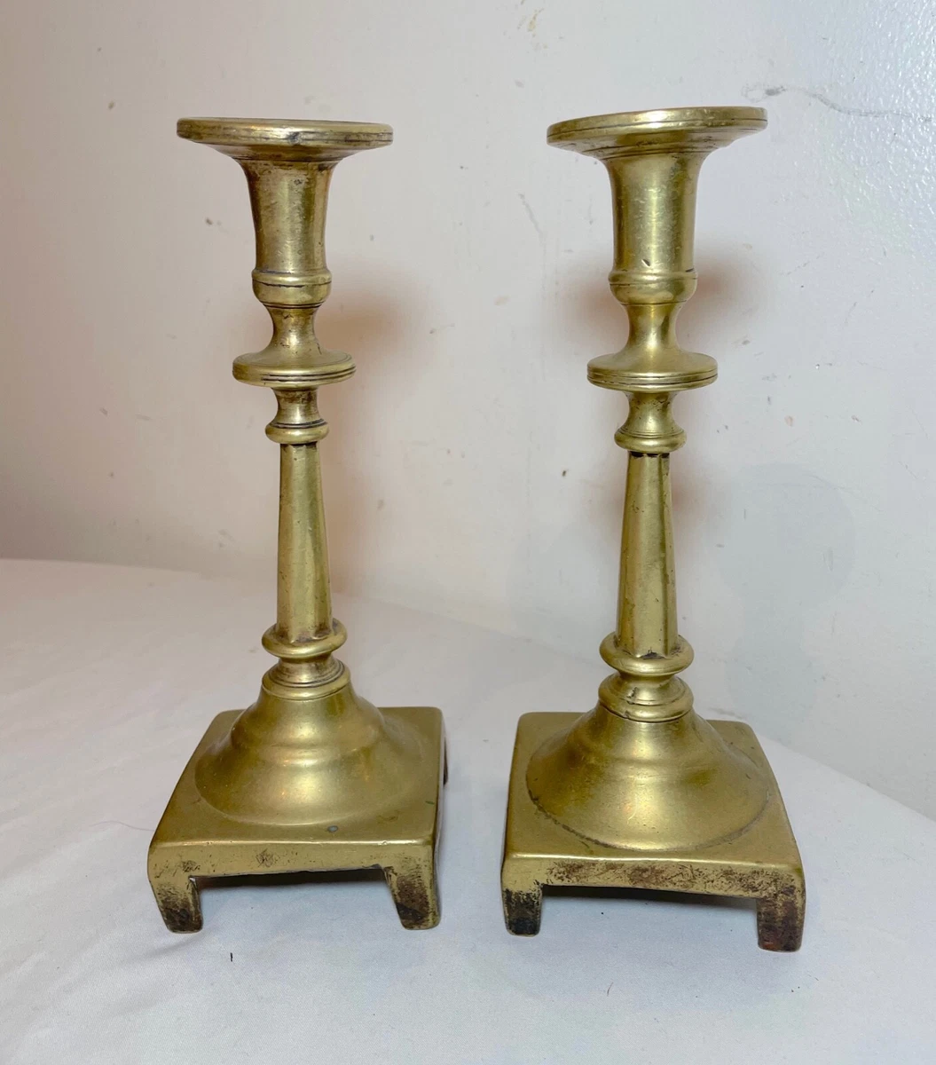 rare pair primitive antique 18th century turned brass candlestick candle  holder.