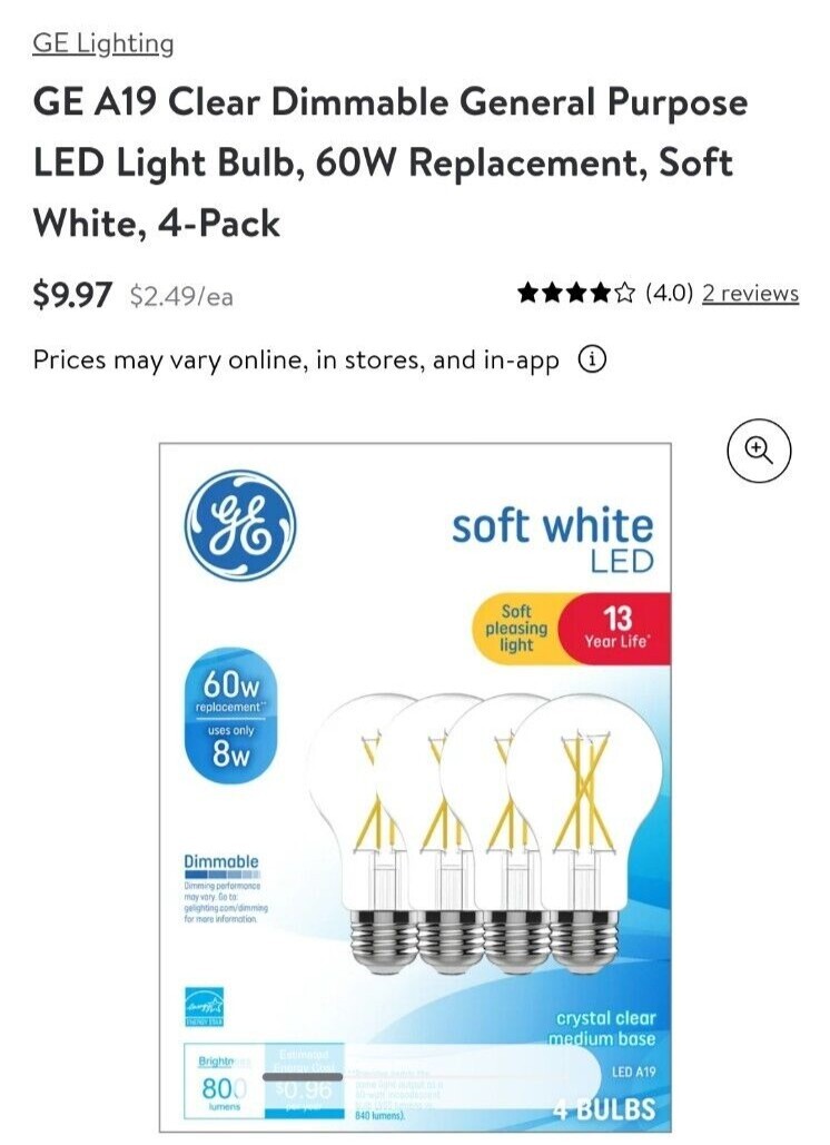 GE LED 60 WATT LIGHT BULBS 4 pack A19 Soft White 2700k