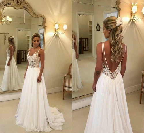 Bridal gown, backless A-line lace applique chiffon wedding dress, birthday gown - Picture 3 of 14