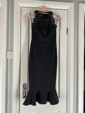 LIPSY Mermaid Midi Dress UK 8 Black Embroidered Evening Tailored Stretch Party