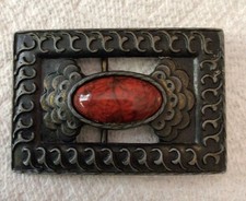 Vintage Belt Buckle Western Style Silver Tone Red Oval Stone