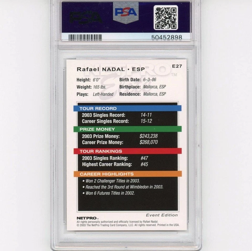Graded 2003 Netpro Elite RAFAEL NADAL #E27 Event Edition Rookie Card PSA 10 Mint - Image 2 of 2