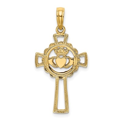 14k Yellow Gold Celtic Cross Pendant Filigree Claddagh Heart for Men Women
