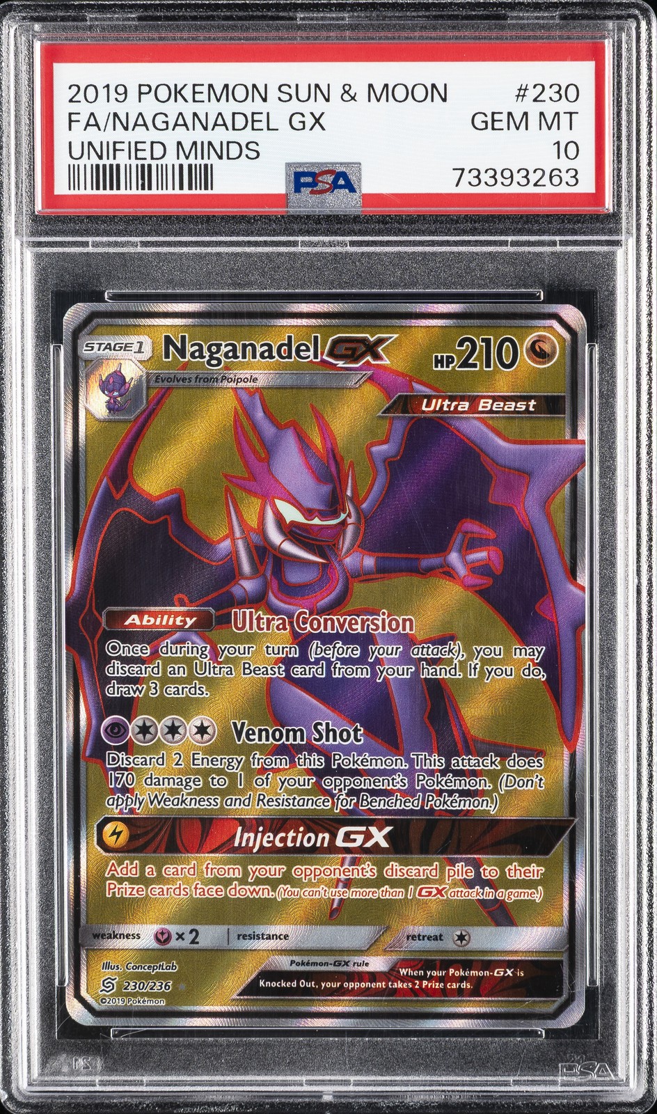 2019 POKEMON SUN & MOON UNIFIED MINDS #230 FULL ART/NAGANADEL GX PSA 10