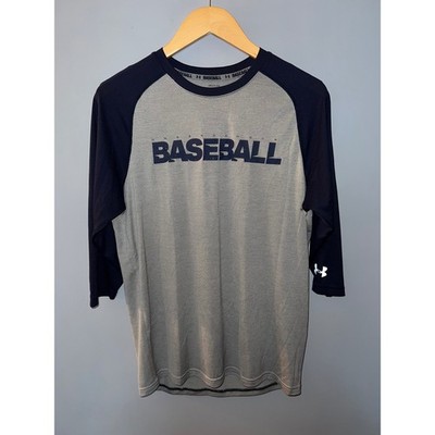Under Armour Baseball HeatGear Raglan 3/4 Sleeve Shirt Grey Navy Blue Mens Small