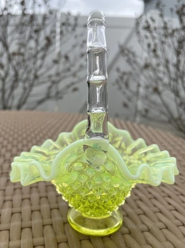 Fenton Topaz Vaseline Opalescent Hobnail 6.5 Inch Basket. No Damage.