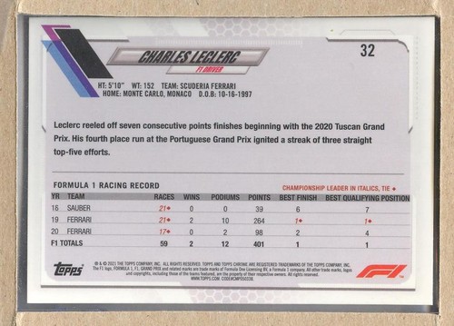 Charles Leclerc 32 2021 Topps Chrome Sapphire F1 - Picture 2 of 2