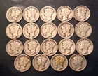 19 DIMES----1916-1936 MIXED PDS 90% SILVER MERCURY DIMES - BETTER DATES $1.90 FV