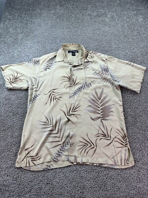 Tori Richard Hawaiian Shirt Mens L Beige Silk Floral Palm Leaves Button Up  FLAW