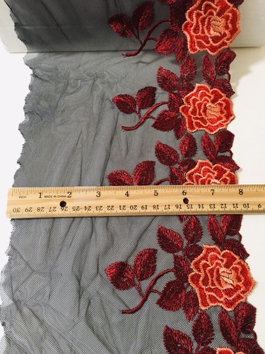 Red Floral Embroidered Mesh Lace Trim for Sewing/Crafts/Bridal/8" Wide - Picture 3 of 12