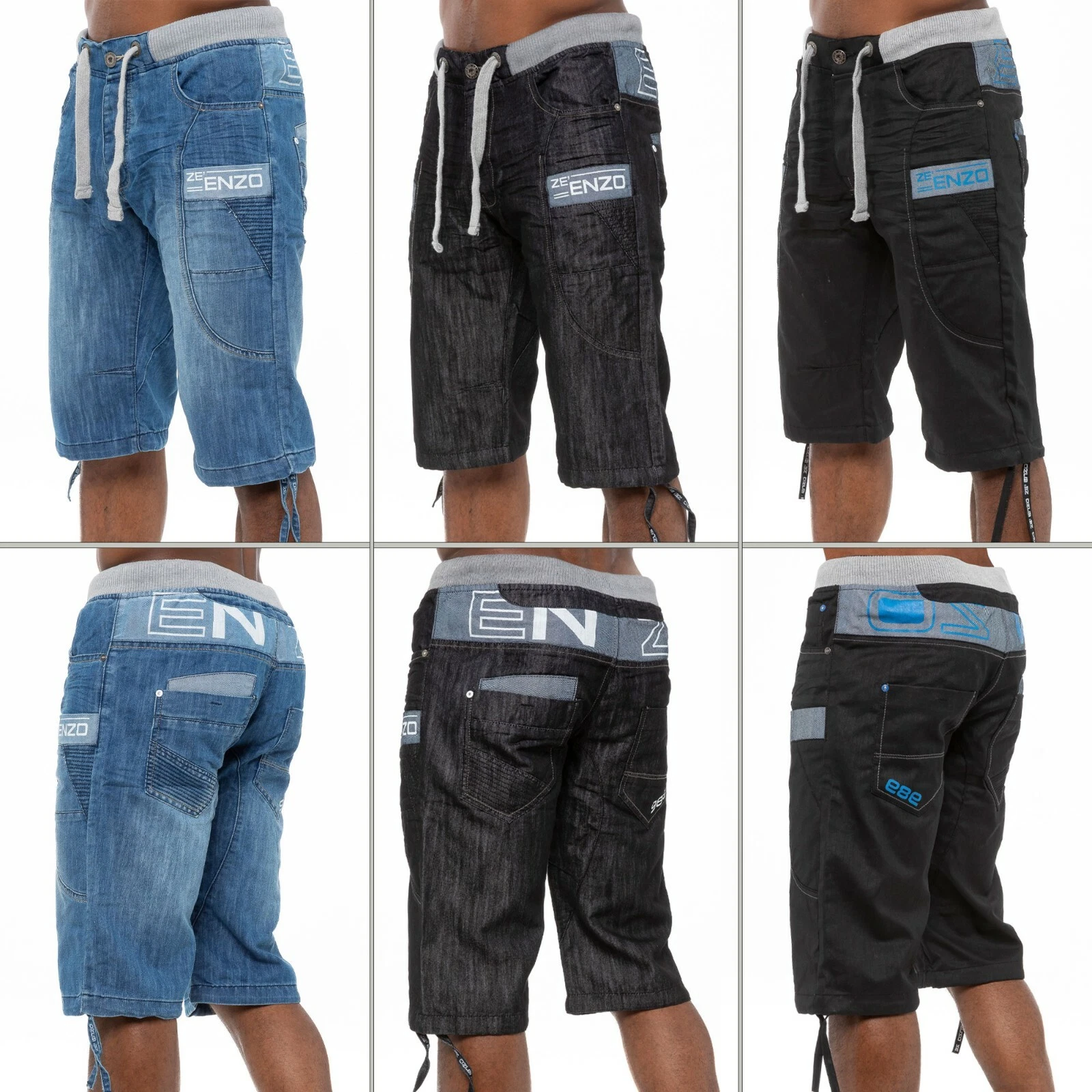 Enzo Mens Designer Shorts Casual Elasticated Ribbed Waist Denim Knee length Jean