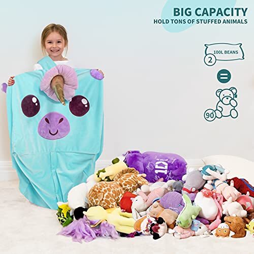 Unicorn Stuffed Animal Storage Bean Bag Chair for Kids, Velvet Unicorn