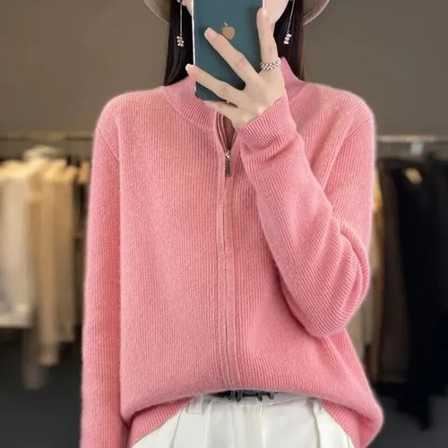 Cardigan maglione donna 100% pura lana cashmere collo alto con cerniera maglione - Foto 30 di 30