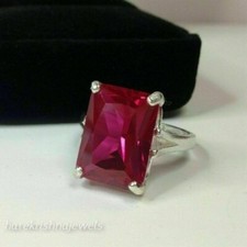 4CT Emerald Cut Genuine Red Ruby Solitaire Engagement Ring 14K White Gold Finish