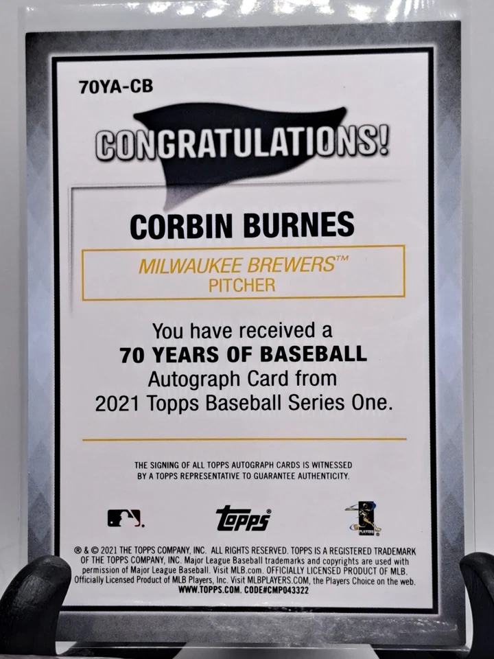 Topps 70 Years of Baseball Milwaukee Brewers Autograph Corbin Burnes Card - Image 2 of 2