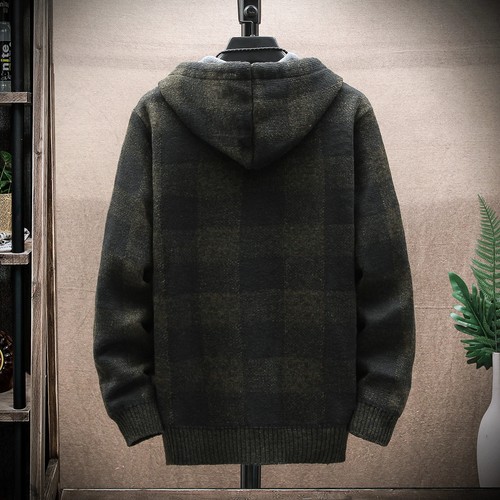 Men's Fleece Warm Cardigan Plaid Sweater Hooded Winter Clothes Korean Knit Coat - Picture 5 of 33
