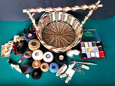 Folk Art Sewing Basket Rolls Of Thread, Notions, Scissors, Case w/Thread Spools