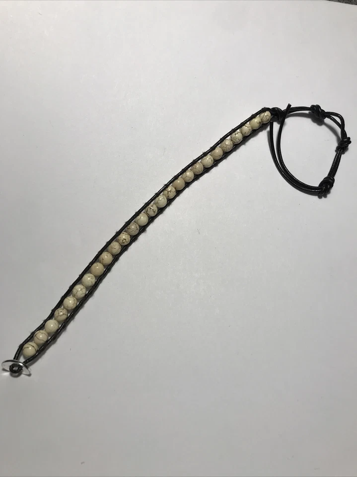 Lizou Semi Precious Beaded Leather Wrap Bracelet Adj. 7” 8” 9” Off-White Howlite - Image 2 of 4