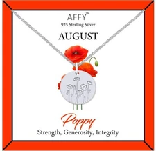 August - Poppy Birthflower Disk Pendant 18" Necklace 925 Sterling Silver