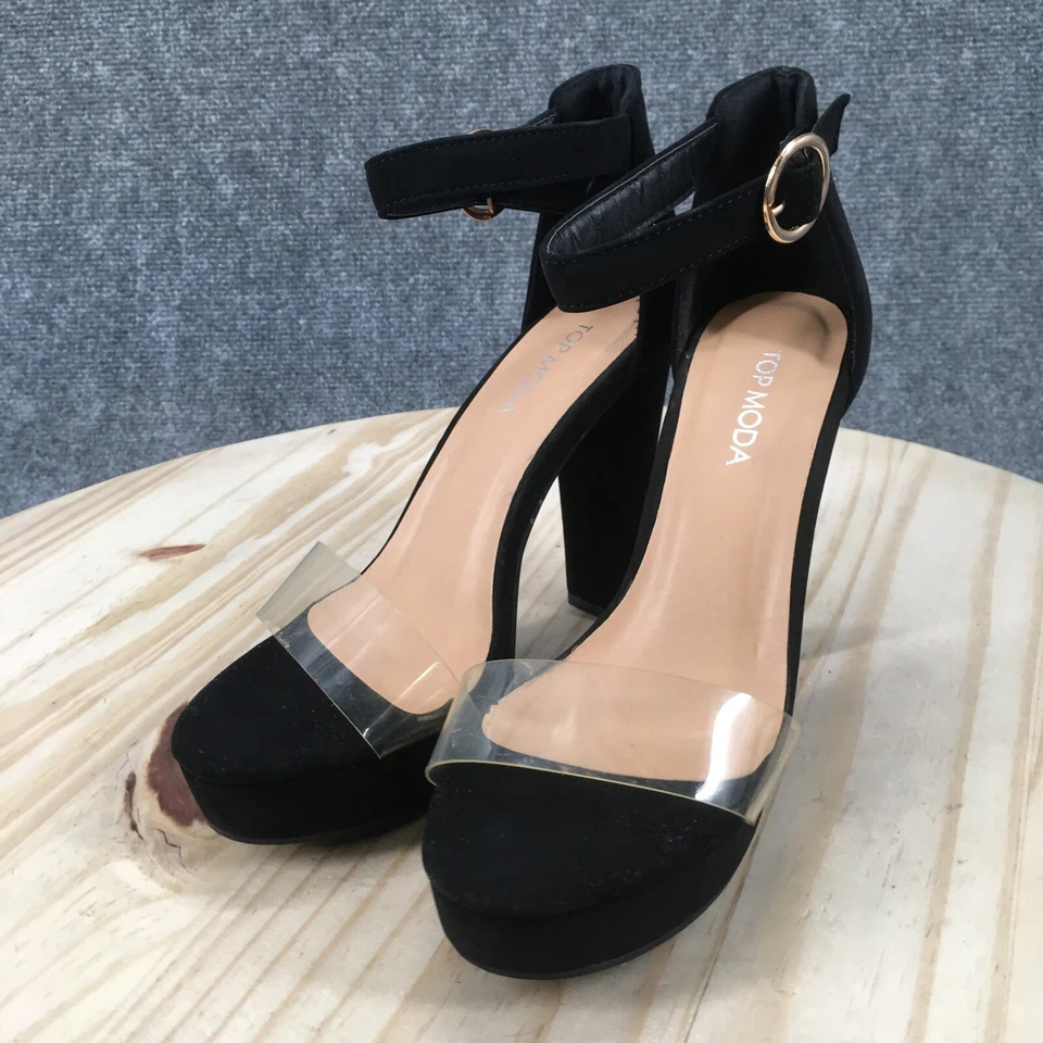 Sandalias Top Moda para mujer 7 correas en el tobillo zapatos de salón negros imitación cuero tacón hebilla Foto 4 de 4