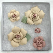 Vintage Small Peach & Rose Clay Flower Set Of 5  Handmade Colored & Fired A2