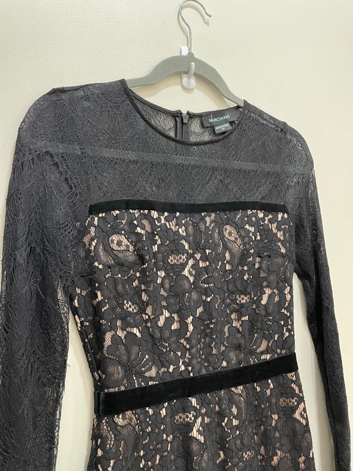 Vestido Marciano Negro Encaje XS Maxi Ilusión Vestido Transparente Encaje Terciopelo Bodycon Bruja Foto 2 de 4