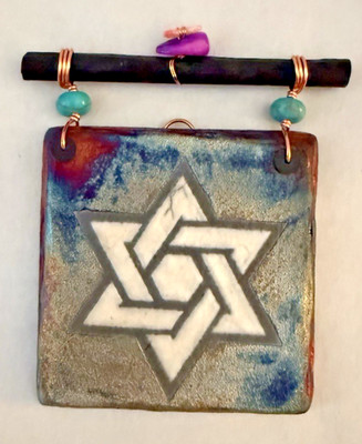 Jeremy Diller Raku Pottery Dreamcatcher Star of David Mini Tile Copper & Beads