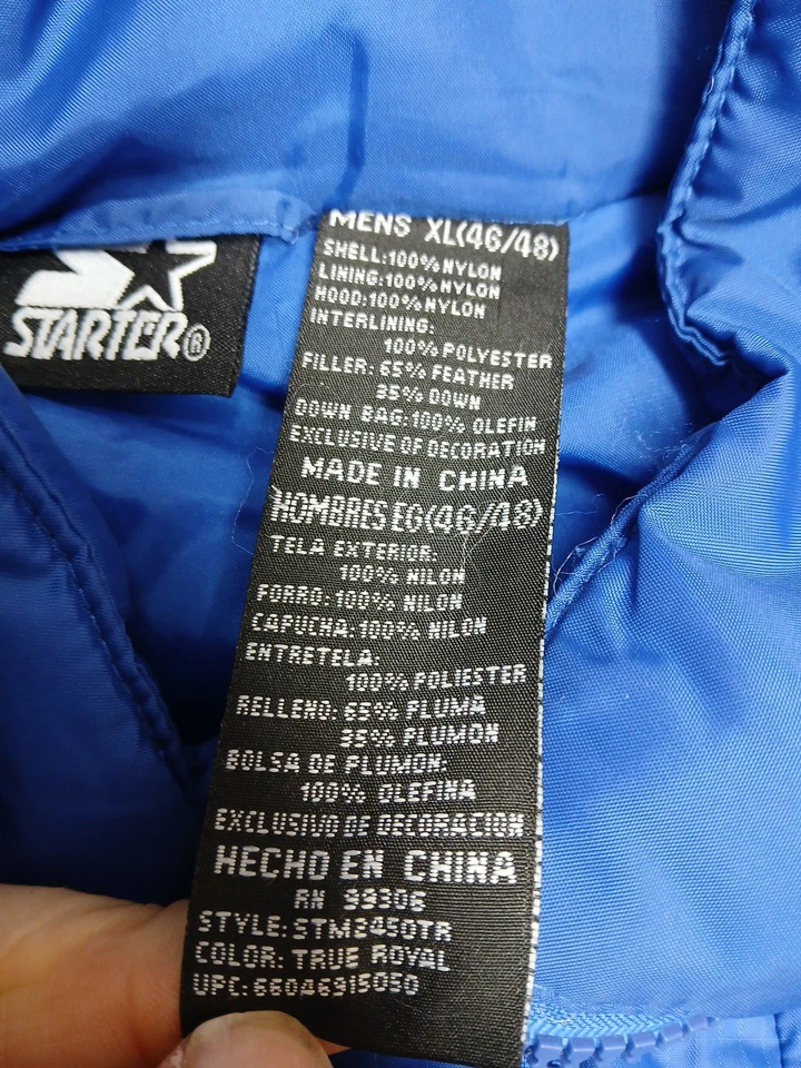 复古 STARTER 连帽蓝色 Puffer 全拉链背心男式 XL 码羽毛 35% 羽绒 — 第 2/4 张图片