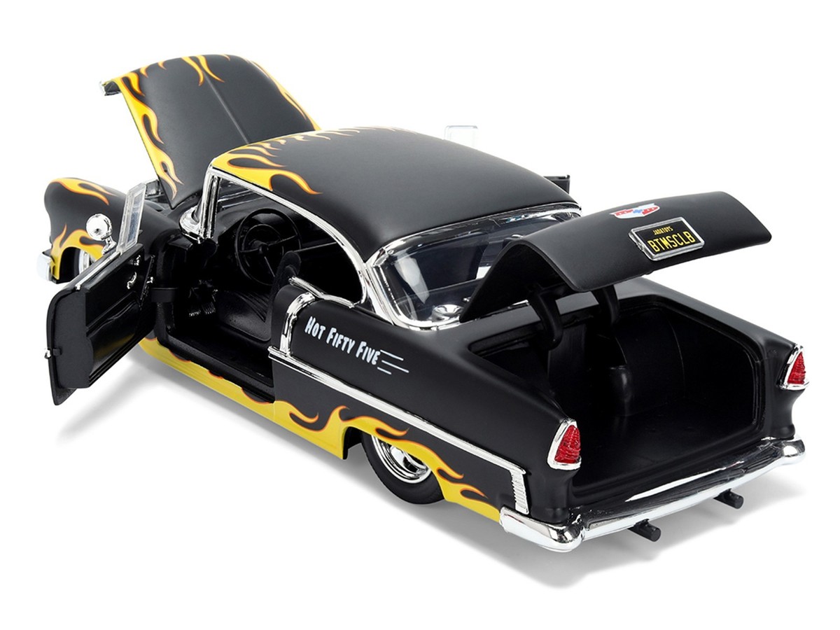 1955 CHEVROLET BEL AIR MATT BLACK W/FLAMES 1/24 DIECAST MODEL CAR