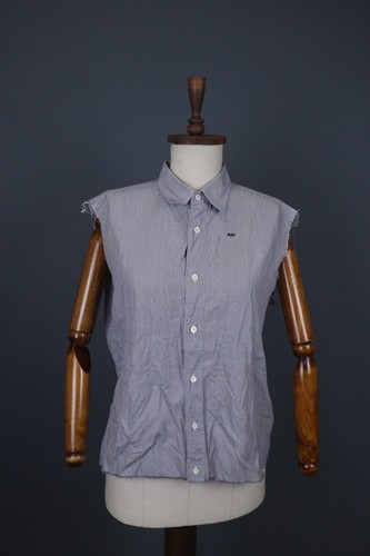 Raf Simons, Raf By Raf Simons Grey Striped Sleeveless Raw Hem Frayed Button Up Shirt Size M