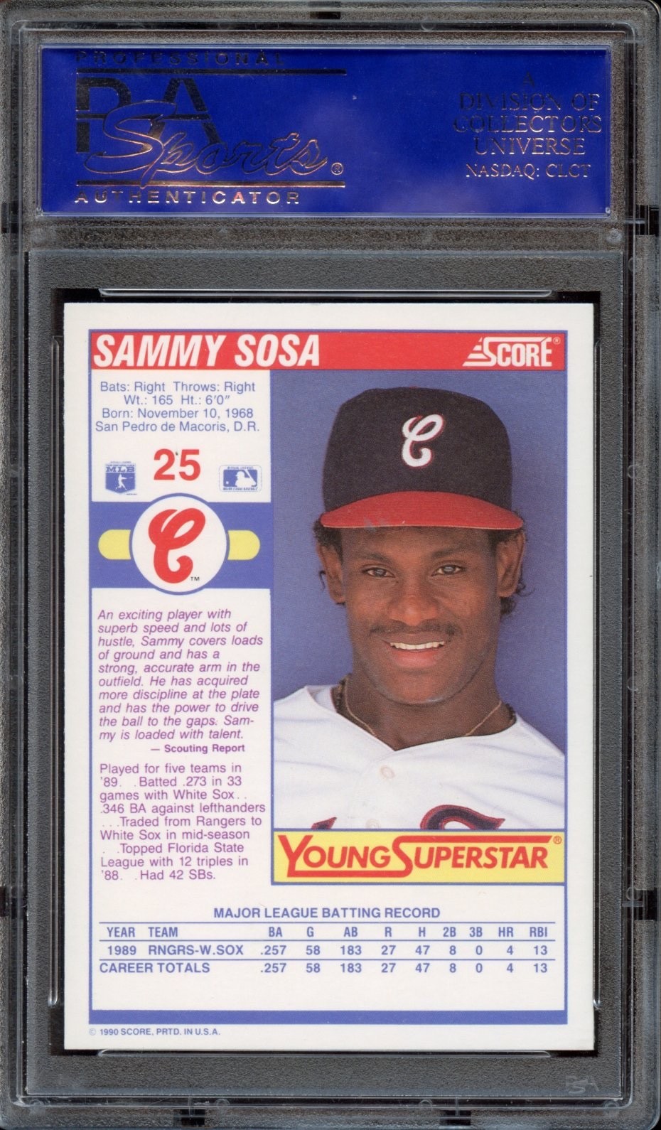 1990 Score Sammy Sosa #25 (Young Superstars) - Rookie RC - PSA 10 GEM MINT view 2
