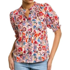 Boden Smocked Silk-Blend Floral Retro Colorful Bohemian Blouse In Multi 10