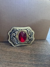 Vintage Red STONE Gold Buckel Used Flower Design Belt Buckle Western Wear Cowboy
