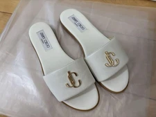 JIMMY CHOO White Slide Sandals 37.5 with Gold logo almost Brand new condition