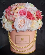 Elegant Artificial Flower Box – Pink Hat Box with Mixed Flowers & Pearl Detail