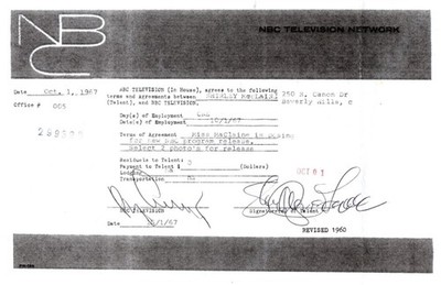SHIRLEY MACLAINE -UNIKAT - Handsigniert Original Casting-Vertrag des Senders NBC