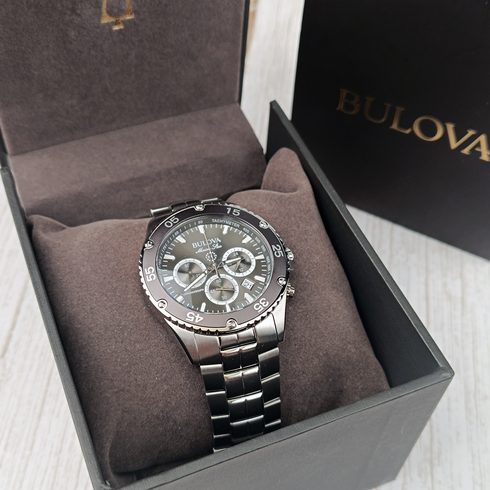 Bulova Men Marine Star Black/Grey Chronograph 98B401 Quartz Watch 7.5-8-8.5in